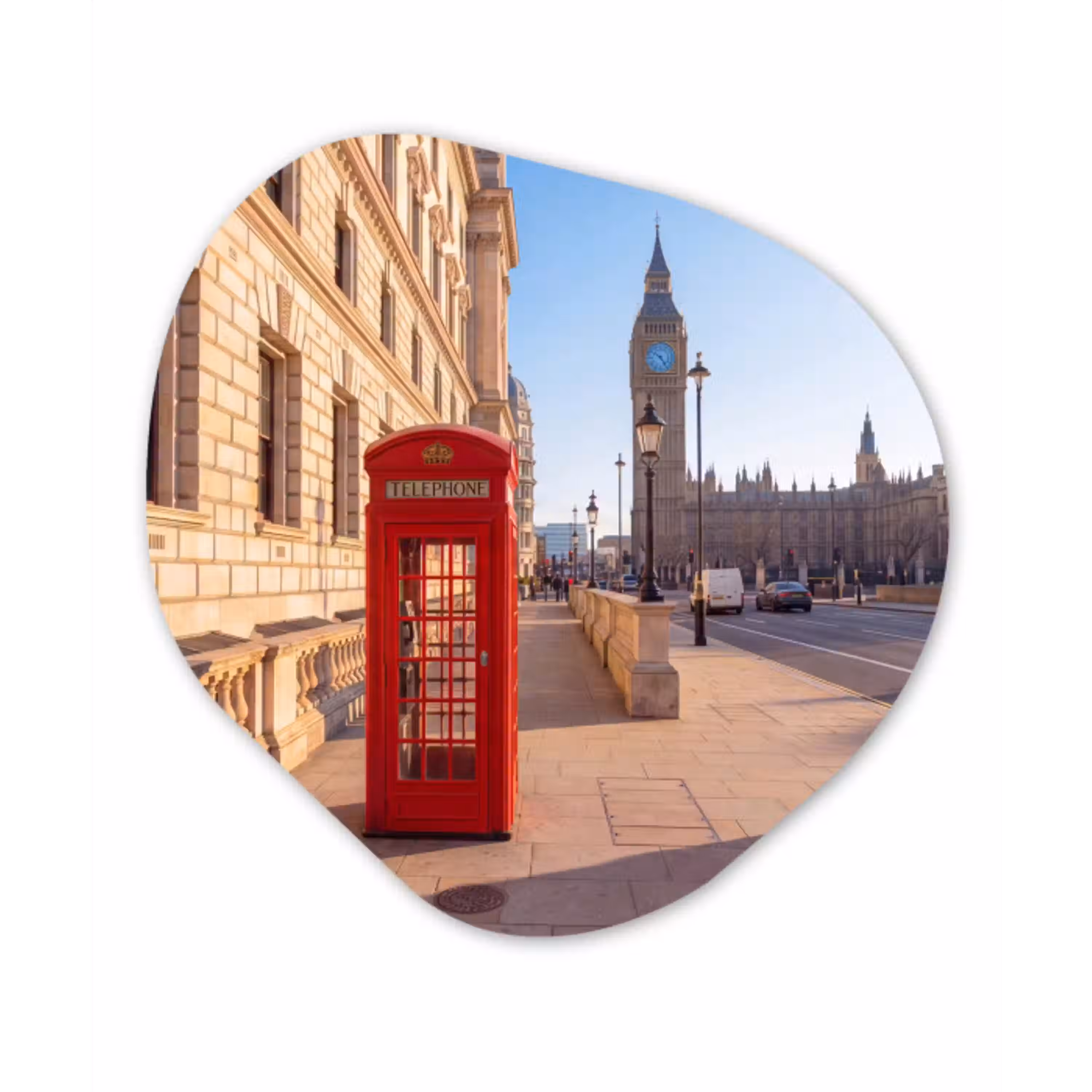 Telefooncel - Rood - Londen - Stad - Architectuur Wandcirkel Organisch Aluminium middel -3d