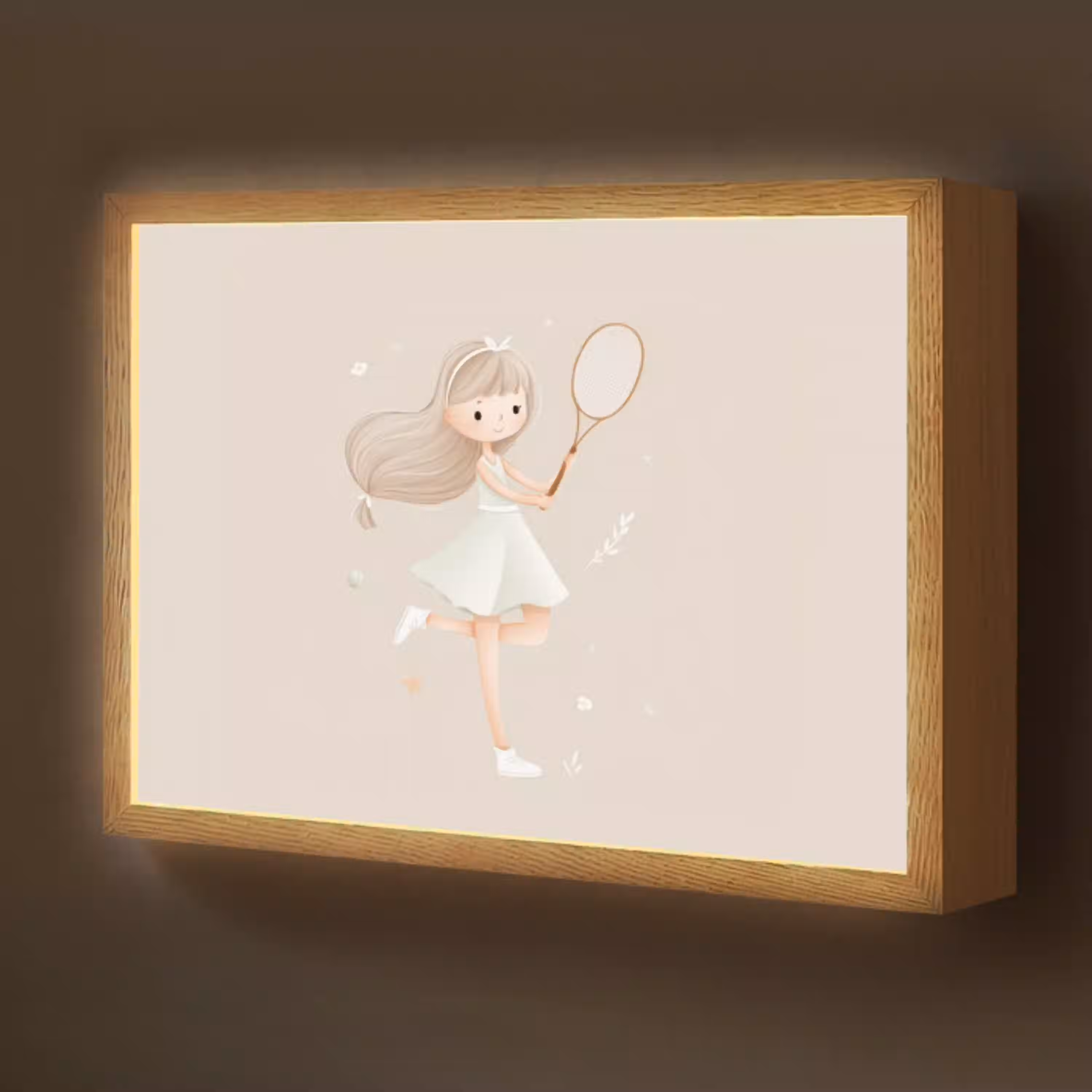 Meisje - Tennis - Beige Light Box met batterij (Wandlamp kind) middel -z3d_website
