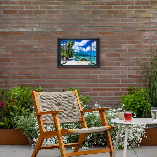 Tropisch strandzicht Tuinposter op houten frame 2 cm dik klein -sfeer3
