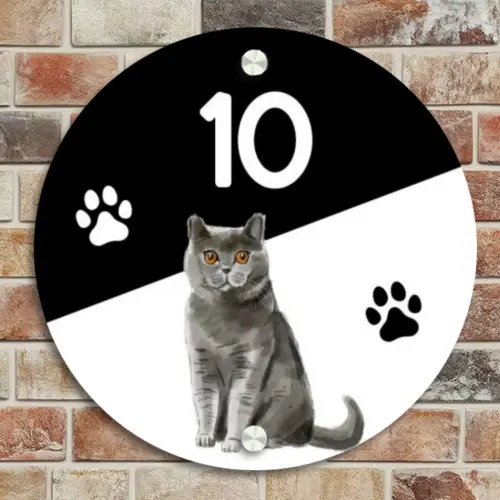 Zwart wit - Huisdier - Grijze kat Naambord Rond klein -sfeer2