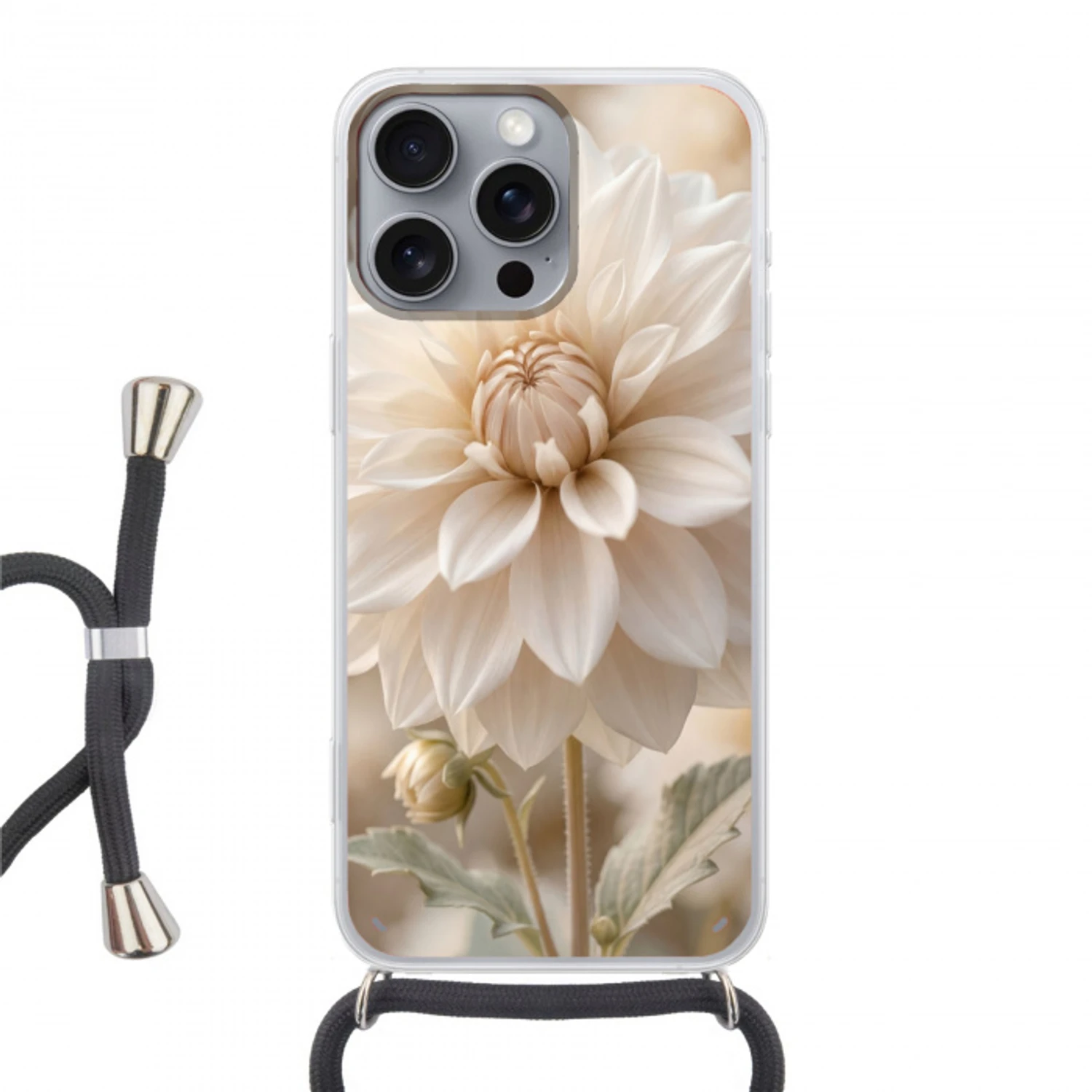 Bloem - Dahlia - Wit Hoesje iPhone 16 Pro Max met koord klein -3d