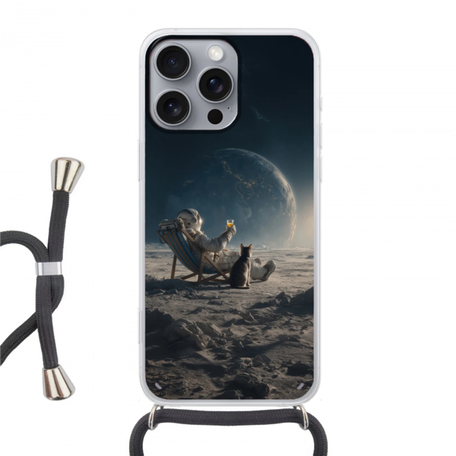 Maan - Kat - Astronaut - Ruimte Hoesje iPhone 16 Pro Max met koord klein -3d