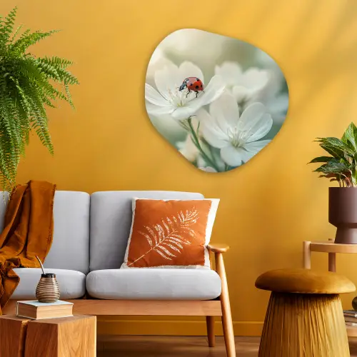 Lieveheersbeestje - Bloemen - Wit Wandcirkel Organisch Aluminium middel -sfeer4