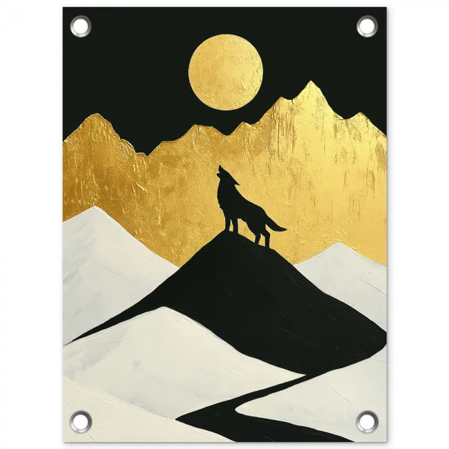 Wolf - Bergen - Maan - Zwart tuinposter los doek klein -3d