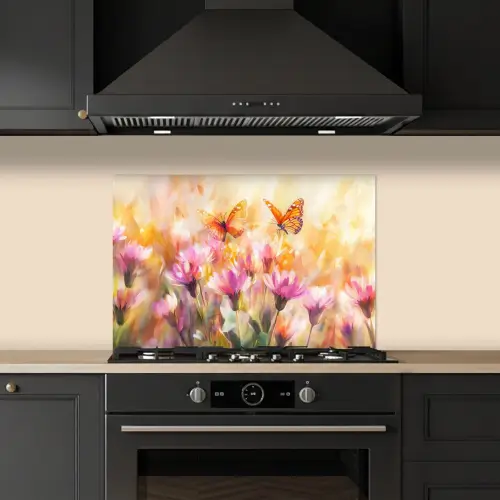 Vlinders - Oranje - Bloemen keuken achterwand spatscherm klein -sfeer1