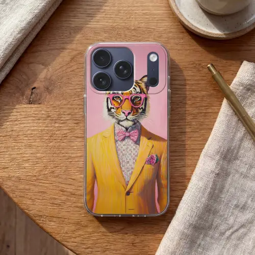 Tijger - Bril - Geel - Jasje Telefoonhoesje iPhone 17 Pro klein -sfeer1