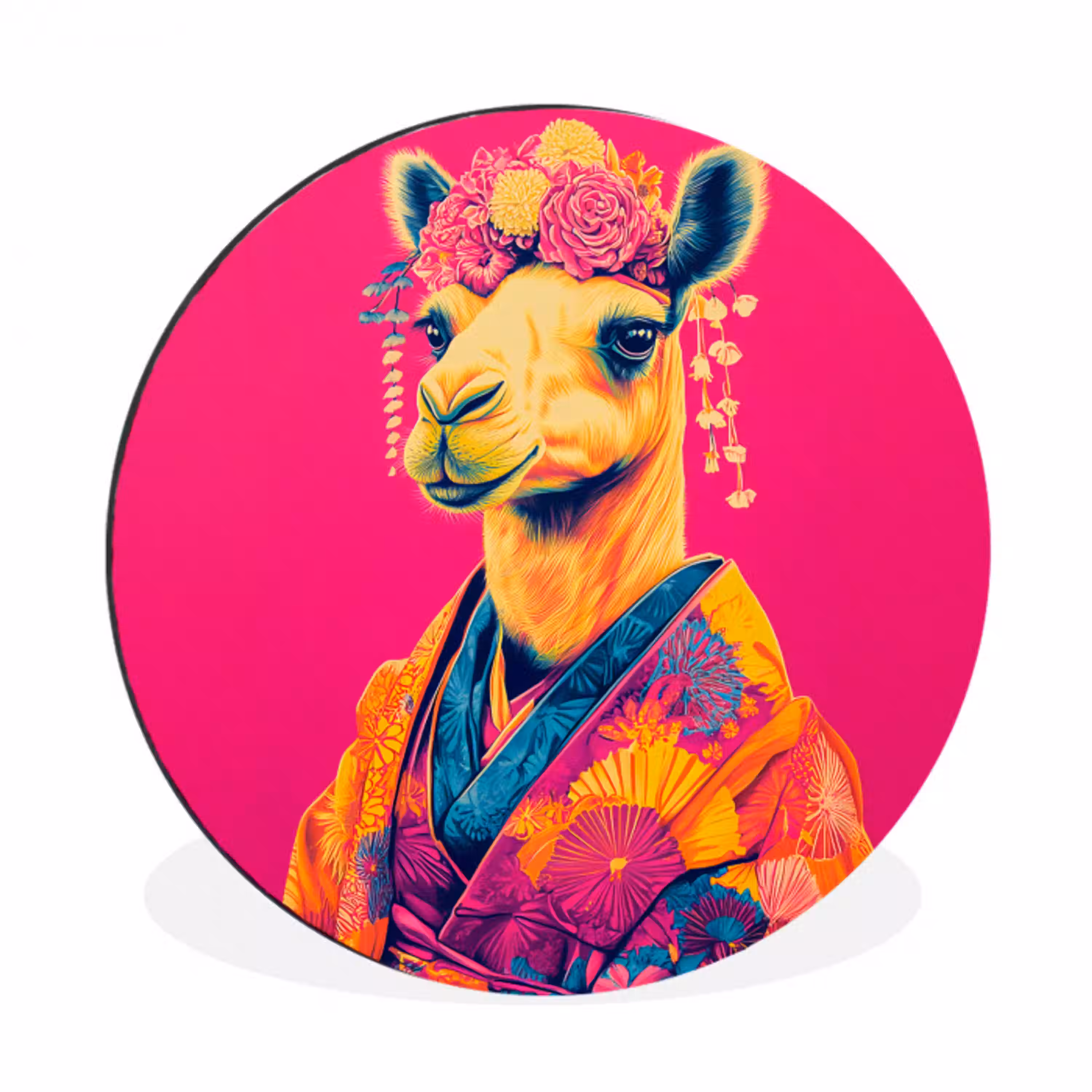 Kameel - Bloemen - Kimono - Waaiers Wandcirkel aluminium klein -3d