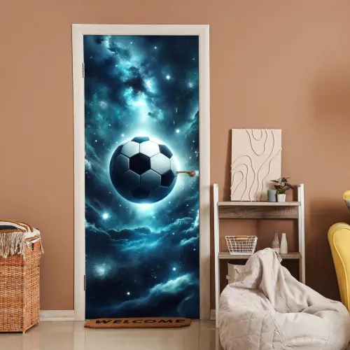 Voetbal - Galaxy - Ruimte - Sport - Blauw deurposter klein -sfeer1