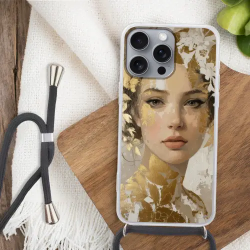 Gezicht - Vrouw - Bladeren - Goud Hoesje iPhone 16 Pro Max met koord klein -sfeer4