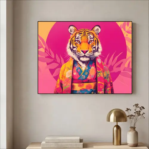Tijger - Kimono - Planten - Roze Textielframe zwart klein -sfeer2