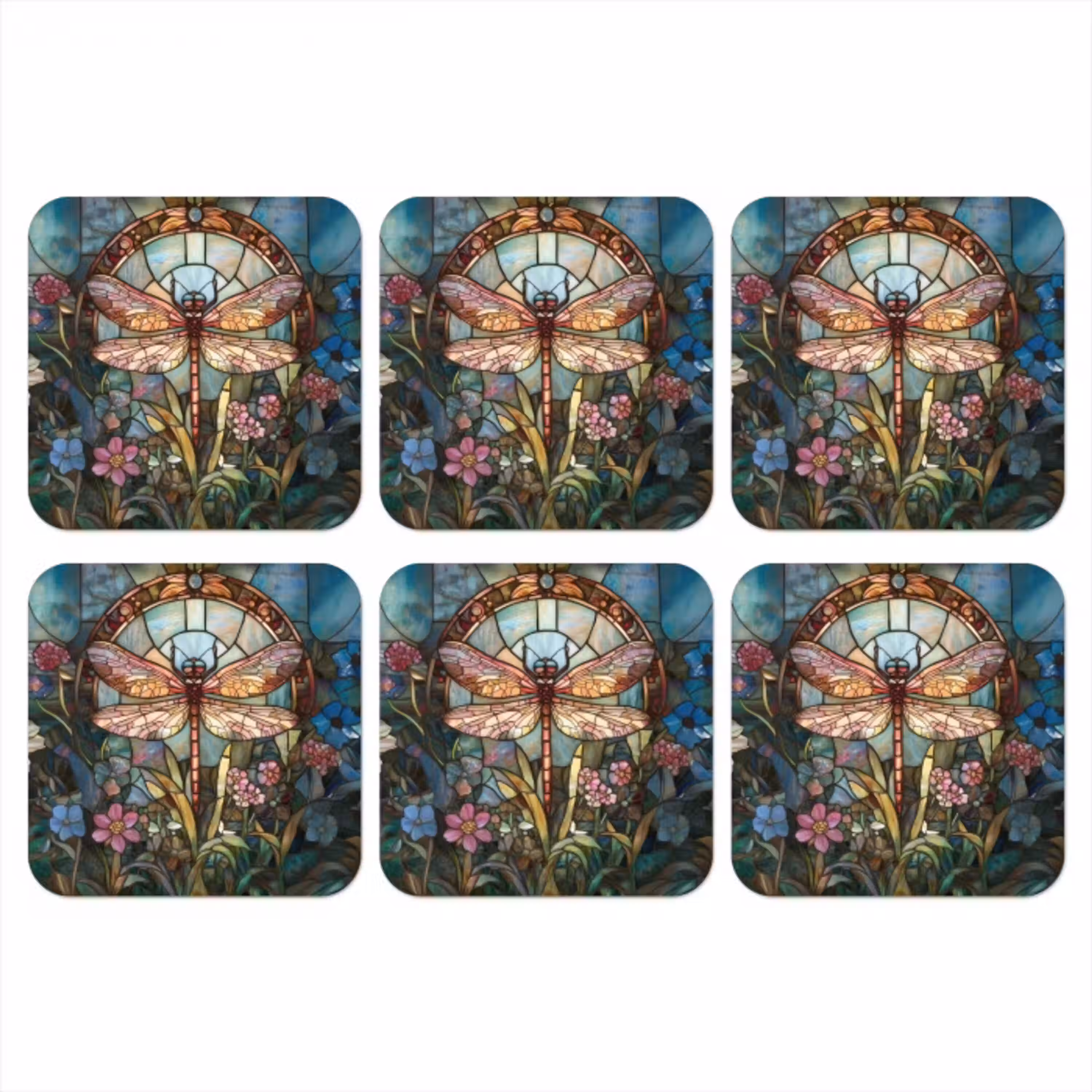 Libelle - Mozaïek - Bloemen - Kleurrijk onderzetter kurk middel -3d