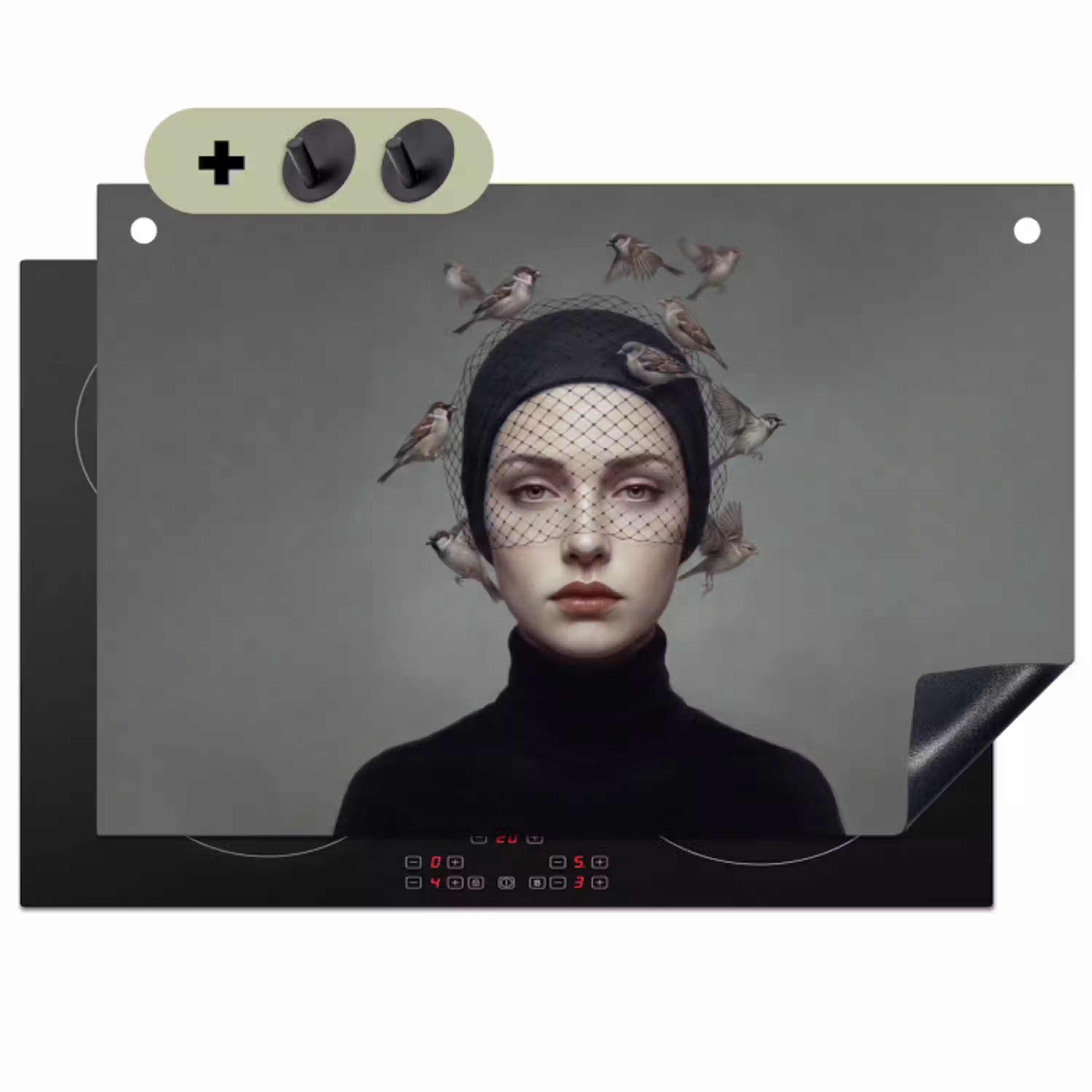 Portret - Vogels - Zwart Inductie beschemer met haakjes klein -3d