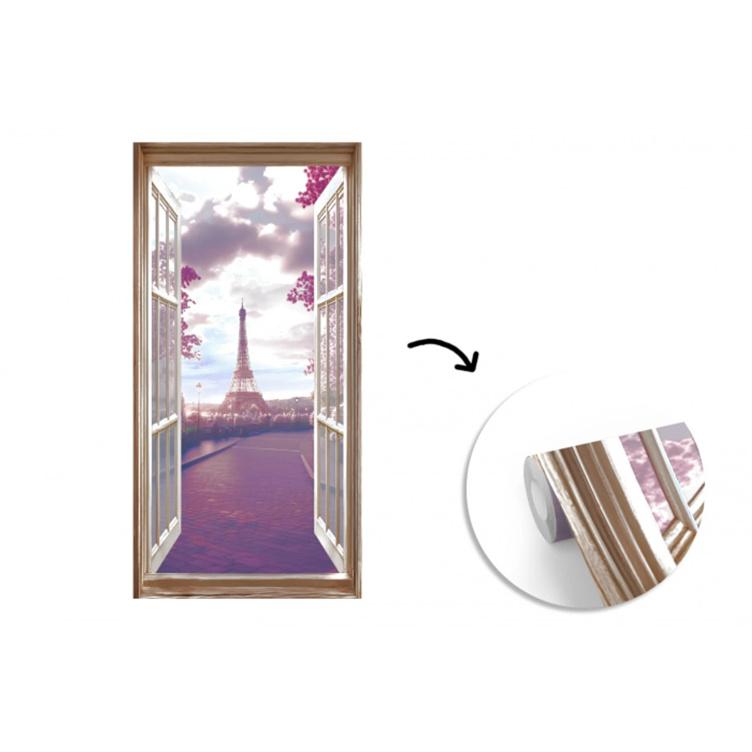 Doorkijk - Parijs - Eiffeltoren - Roze - Kersenbloesem fotobehang vinyl groot -3d