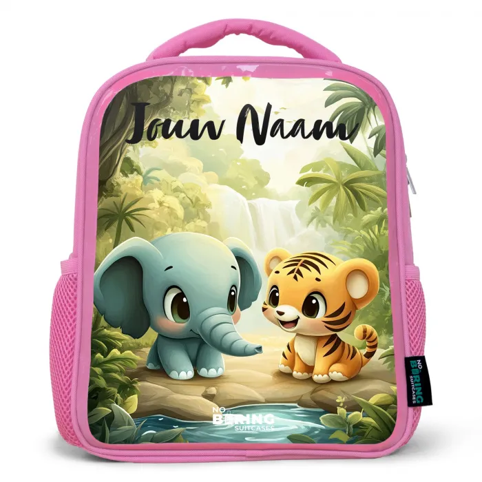 Olifant - Tijger - Bos - Jungle Kinderrugzak - Roze middel -3d