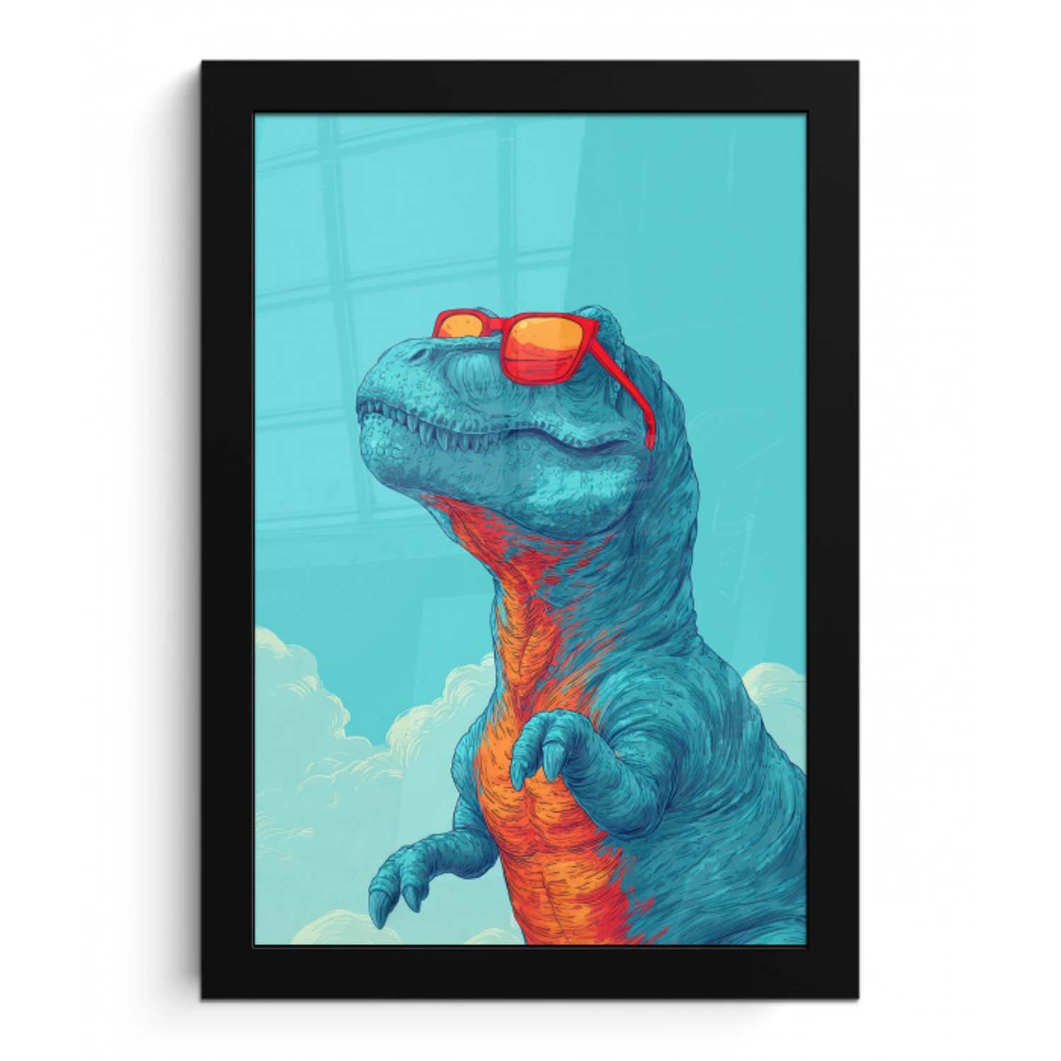 T-Rex - Blauw - Wolken - Zonnebril fotolijst zwart zonder passe partout klein -3d