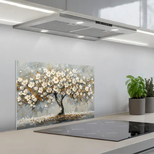 Boom - Bloemen - Wit - Natuur - Kunst keuken achterwand spatscherm klein -3d_schuin