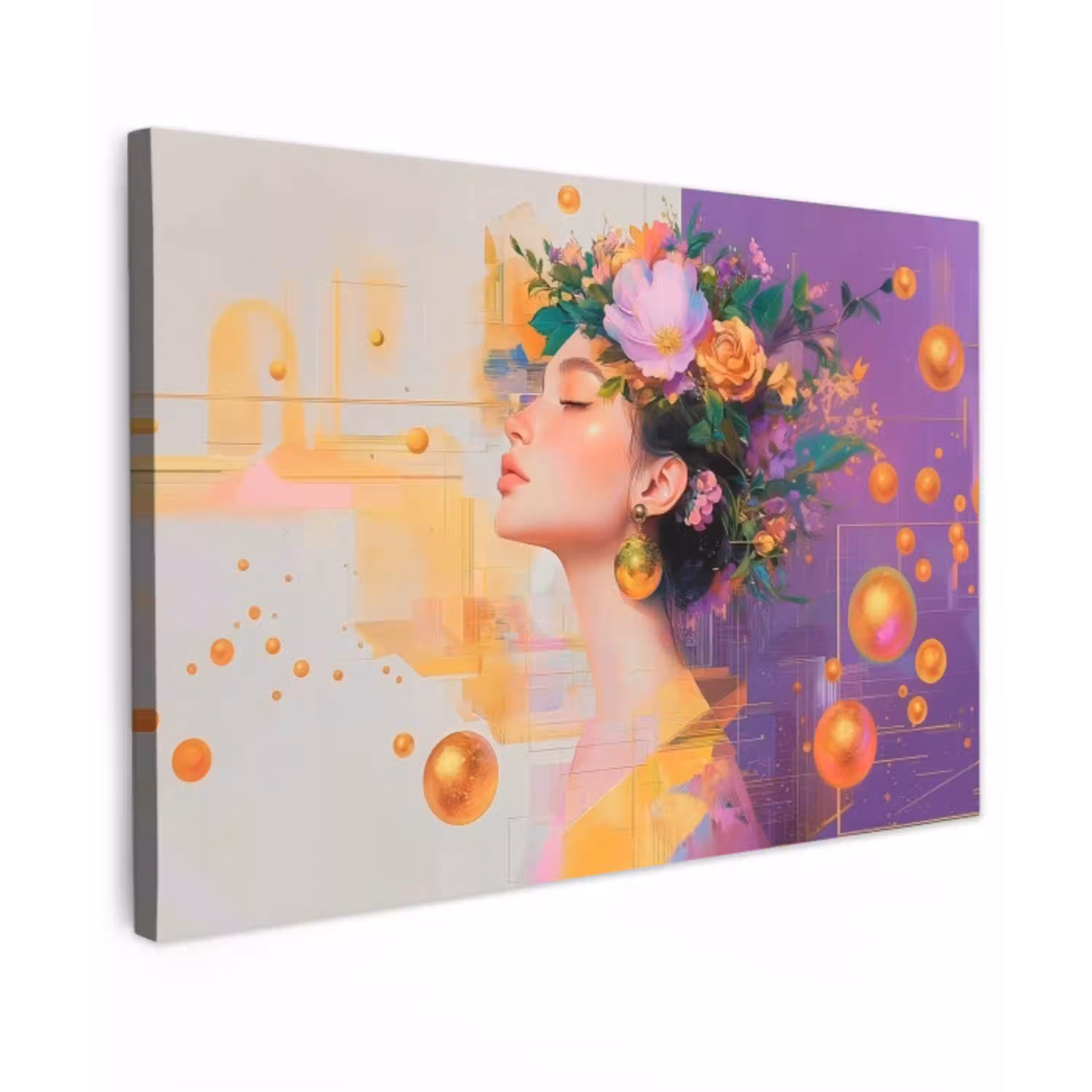 Abstract - Vrouw - Bloemenkroon - Goud Tuinposter op houten frame 2 cm dik klein -3d