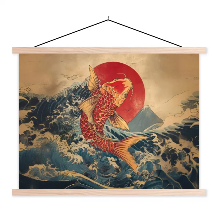 Koi - Zee - Golven - Zon textielposter latten blank klein -3d