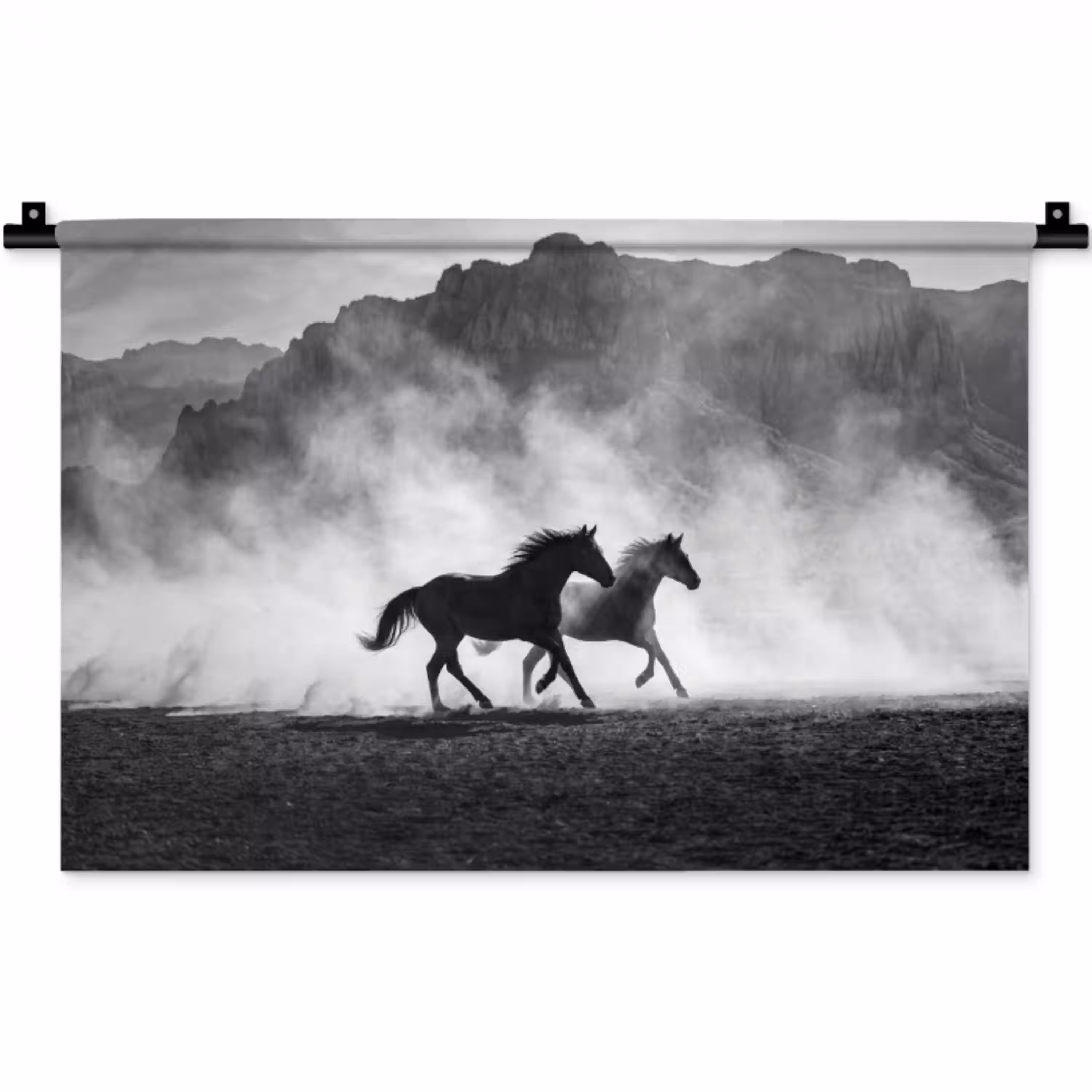 Paard - Ren - Stof - Zwart-wit - Dieren Wandkleed katoen klein -zz3d