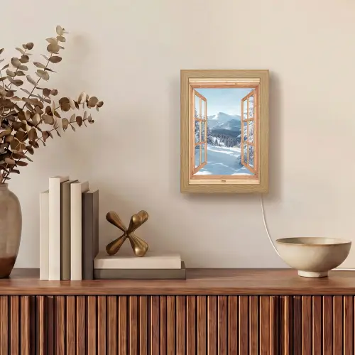 Doorkijk - Winterlandschap - Natuur - Berg - Bomen - Hout Light Box met kabel (Tafellamp) klein -sfeer2