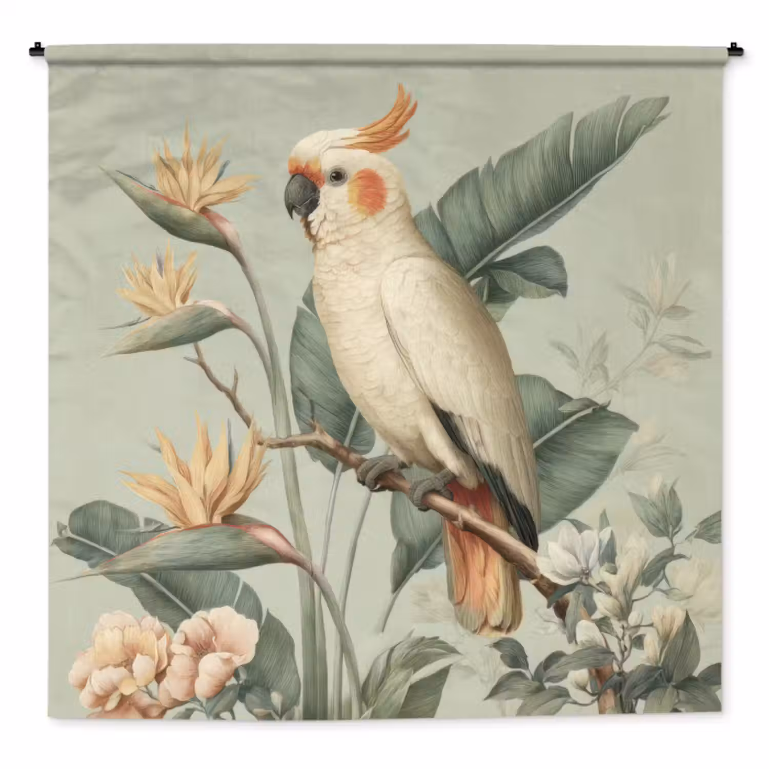 Wandkleed - Gele kuifkaketoe - paradijsvogelbloemen - Groen