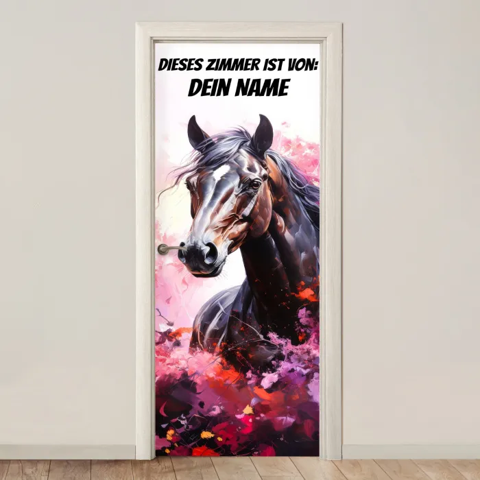Gemaltes Pferd in kräftigen Farben mit personalisierbarem Text oben. deurposter klein -3d_beige