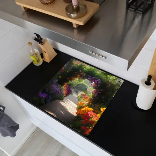 Doorkijk - Pad - Bloemen - Struik - Kleurrijk Inductie beschemer met haakjes middel -sfeer1