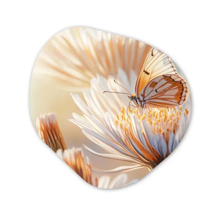 Vlinder - Bloem - Oranje Wandcirkel Organisch Aluminium middel -3d