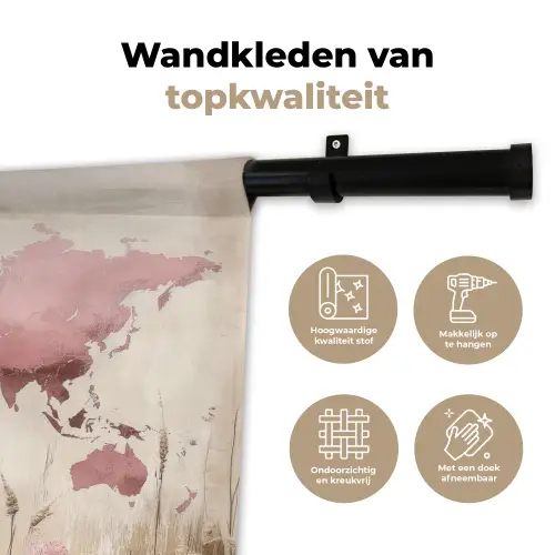 Wereldkaart - Roze - Bloemen Wandkleed katoen klein -sfeer2