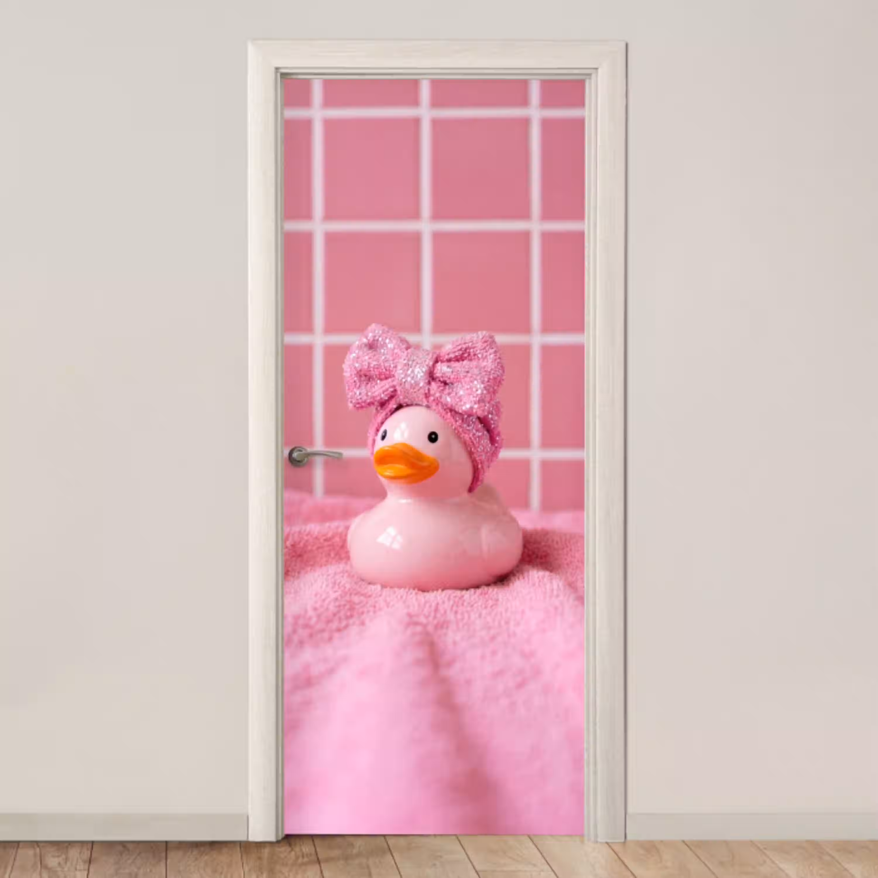 Badeend -Strik - Roze deurposter klein -3d_beige