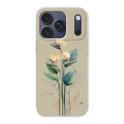 Paradijsvogelbloemen - Blauwgroene bladeren - Beige Telefoonhoesje iPhone 17 Pro klein -3d