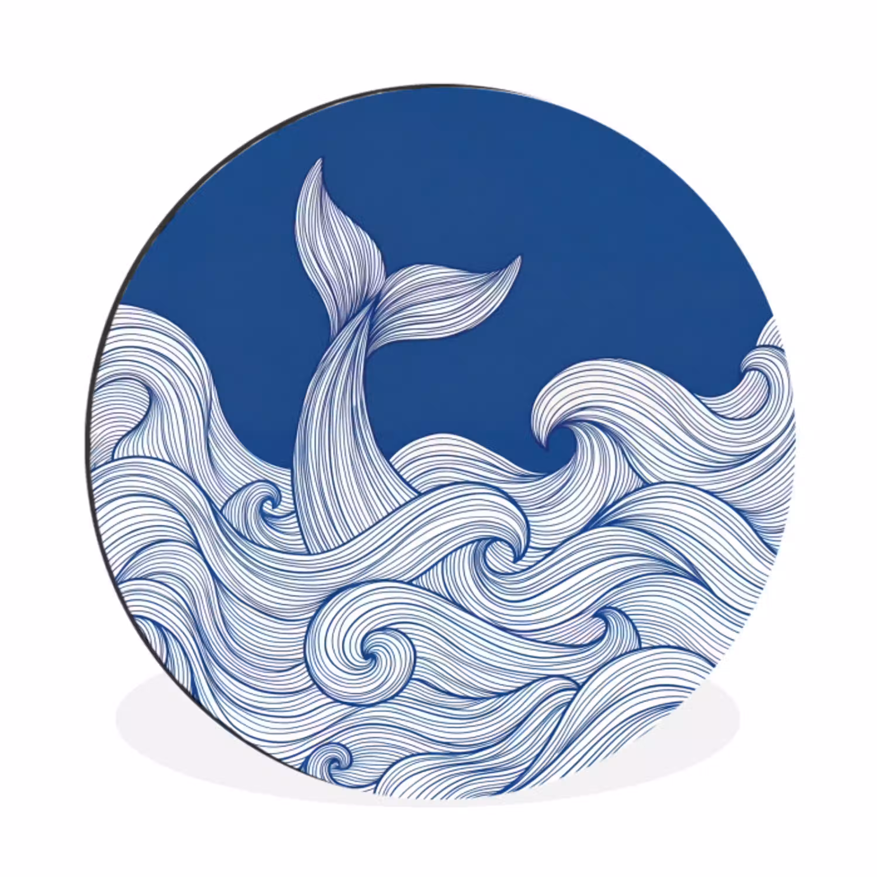Walvis - Staart - Golven - Lijntekening - Blauw Wandcirkel aluminium klein -3d