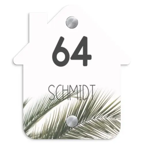 Wit met palmblad - Modern Naambord Huisje klein -3d