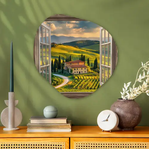 Doorkijk - Toscane - Uitzicht - Landschap - Zomer Wandcirkel Organisch Plexiglas middel -sfeer2