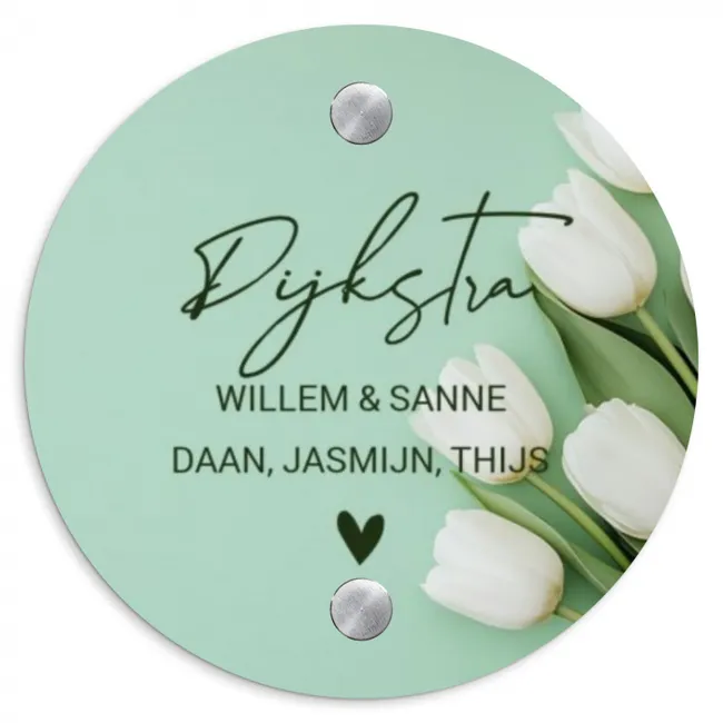 Witte tulpen - Sierlijk Naambord Rond klein -3d