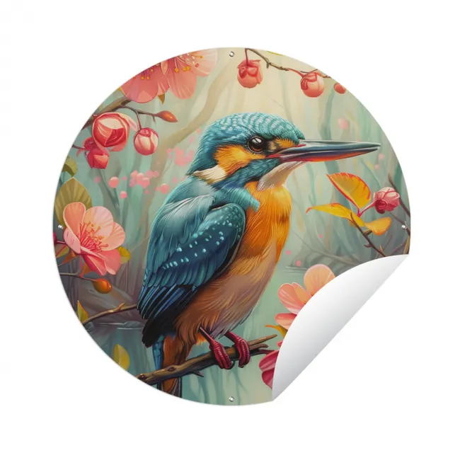 IJsvogel - Bloesem - Natuur - Vogels - Bloemen Wandcirkel tuinposter met ringen klein -3d