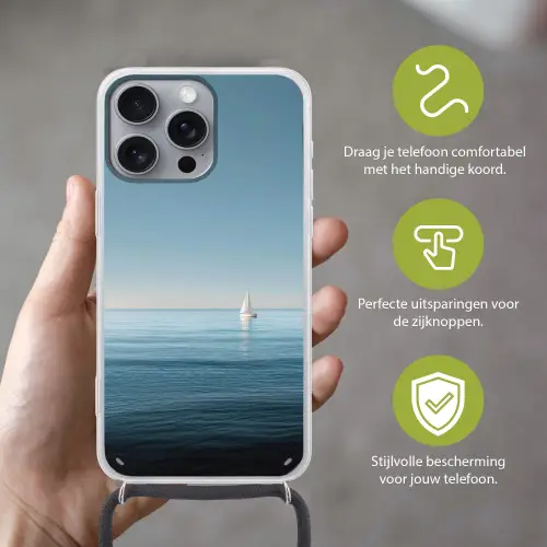 Zeilbootje - Kalme zee - Helderblauwe hemel Hoesje iPhone 16 Pro Max met koord klein -sfeer2_NL