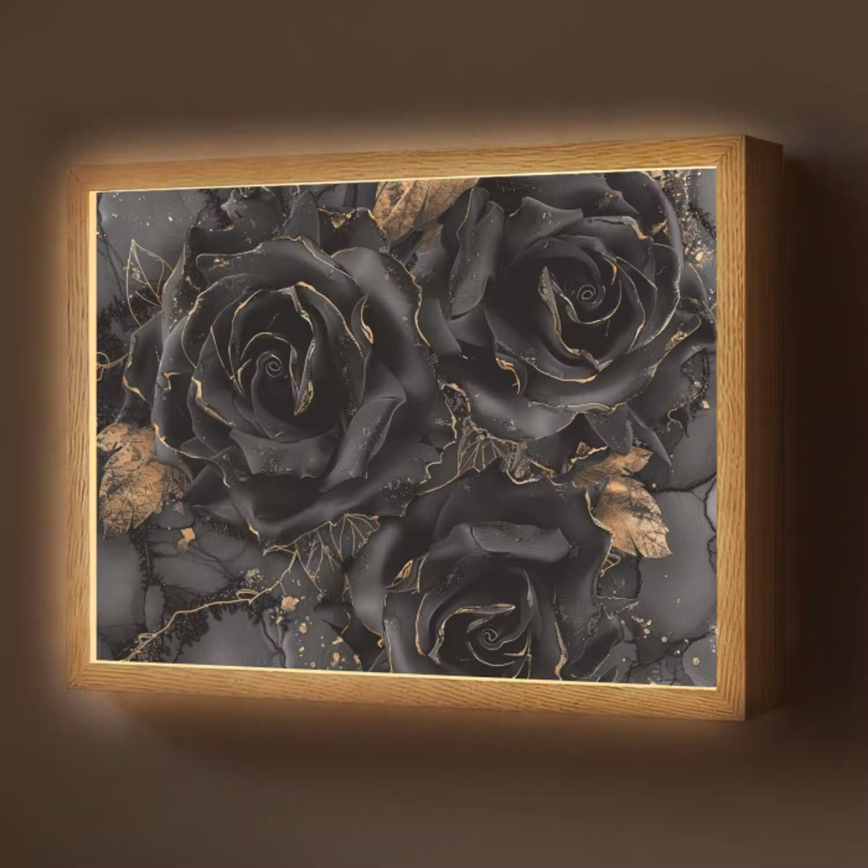 Rozen - Zwart - Bloemen - Goud Light Box met batterij (Wandlamp) middel -z3d_website