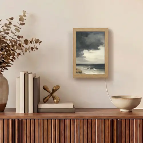 Kust - Golven - Rots - Storm Light Box met kabel (Tafellamp) klein -sfeer2