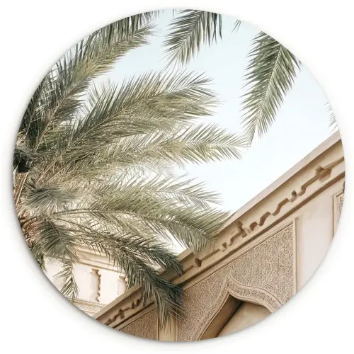 Gebouw - Palmbomen - Beige - Zon Wandcirkel kunststof plaat 5mm dik klein -3d