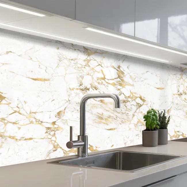 Wit - Marmer - Luxe - Goud keuken achterwand 2 middel 871 -3d_schuin