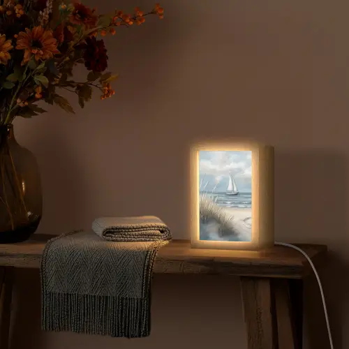 Zee - Zeilboot - Strand - Duinen - Vintage Light Box met kabel (Tafellamp) klein -sfeer4
