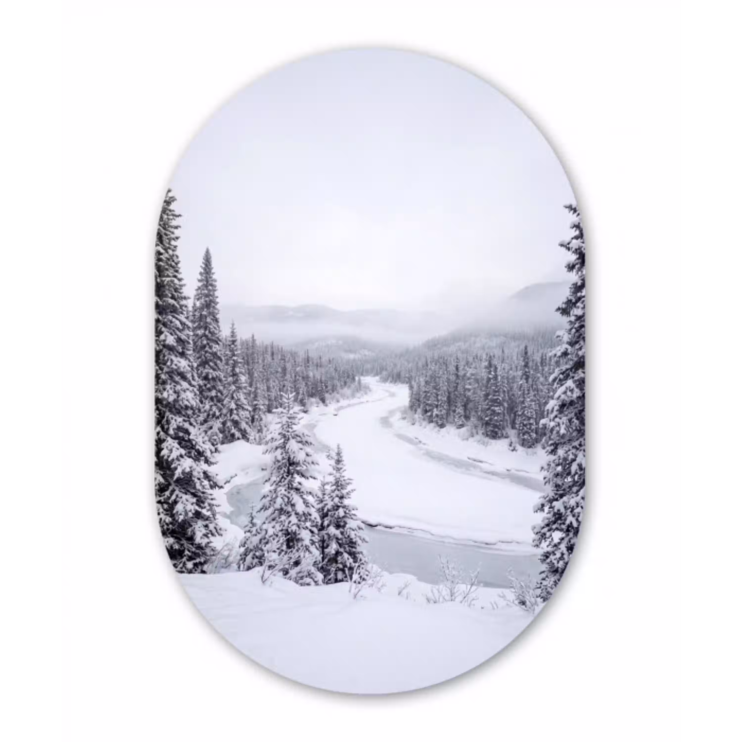 Rivier - Bevroren - Landschap - Winter Wandcirkel Ovaal Aluminium middel -3d