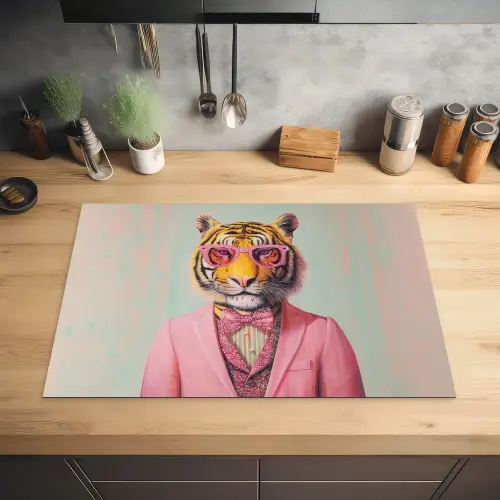 Tijger - Strik - Jasje - Roze Inductie beschermer vinyl 3mm klein -sfeer5
