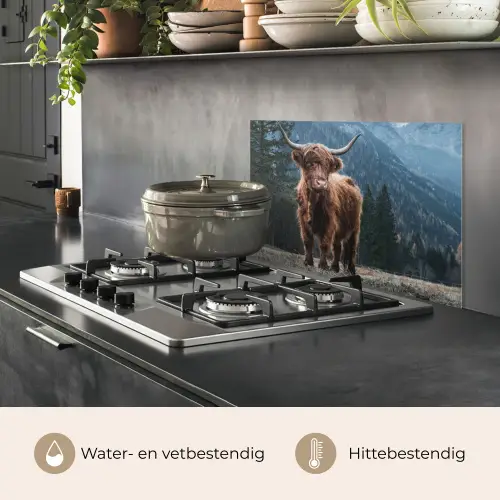 Schotse hooglander - Berg - Landschap - Bomen - Koe - Natuur keuken achterwand spatscherm klein -usp_NL