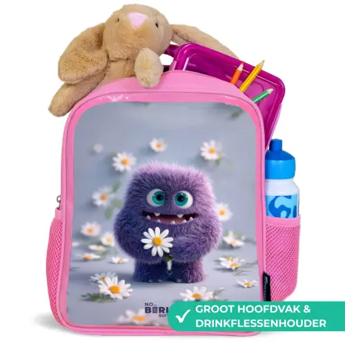 Paars Pluizig Vriendje met Madelief Kinderrugzak - Roze middel -inhoud_NL