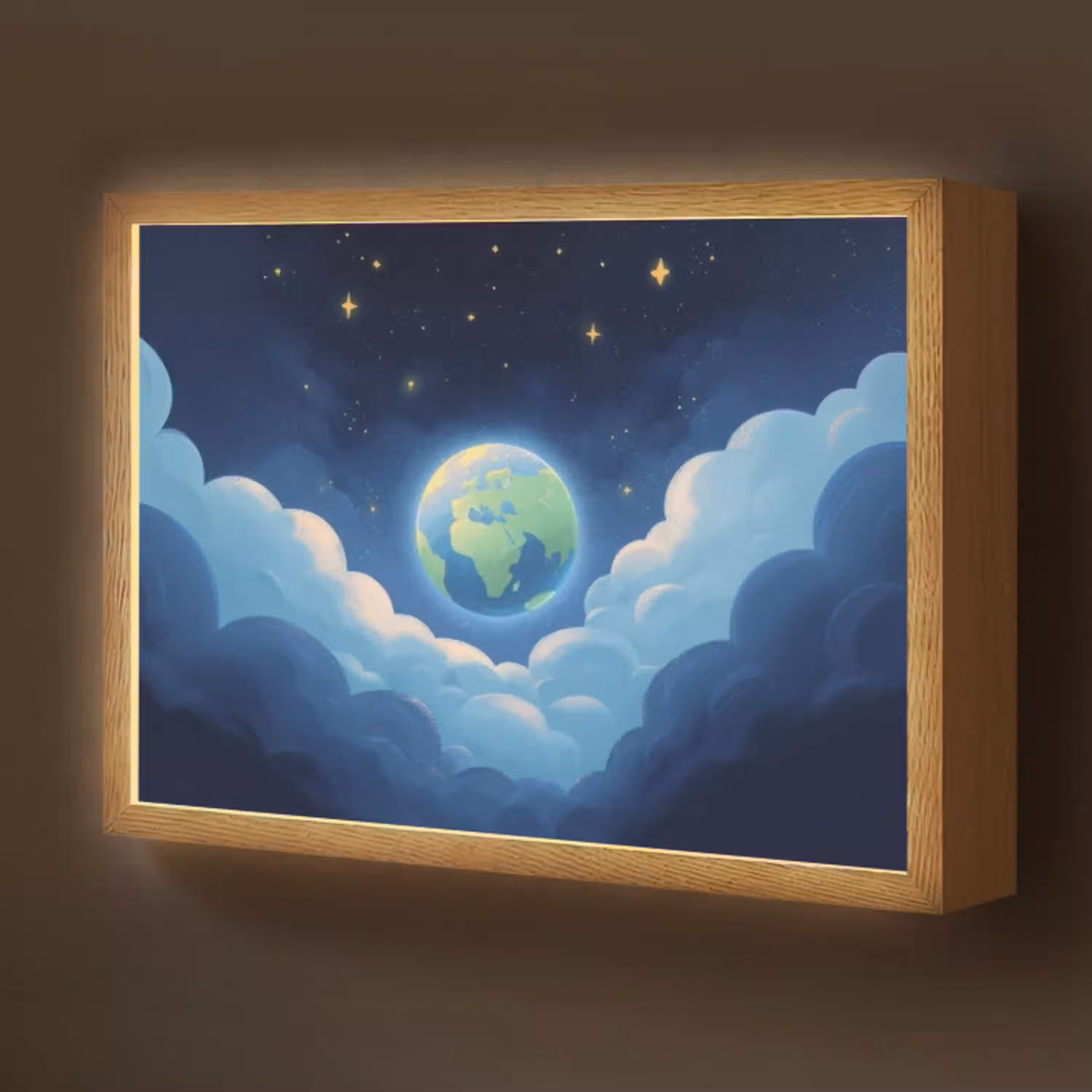 Planeet - Wolken - Sterren - Blauw Light Box met batterij (Wandlamp kind) middel -z3d_website