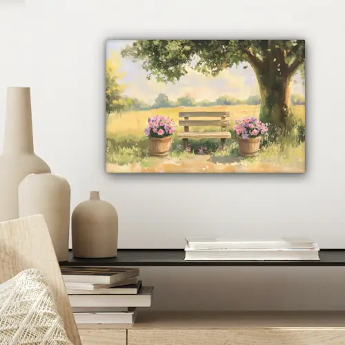 Houten bankje - Bloempotten - Landschap canvas 2cm klein -sfeer6