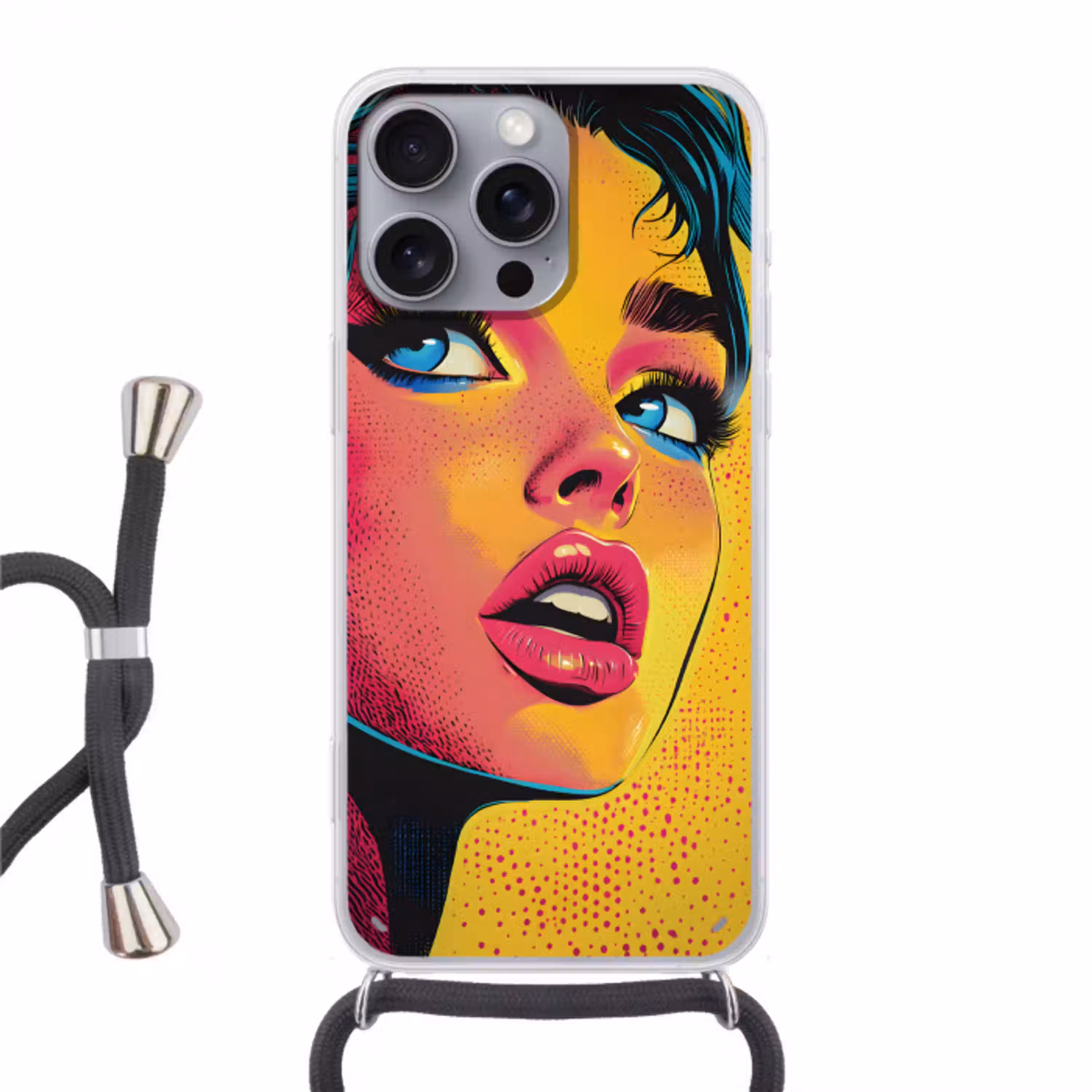 Close-up - Vrouwengezicht - Stippen - Geel Hoesje iPhone 16 Pro Max met koord klein -3d