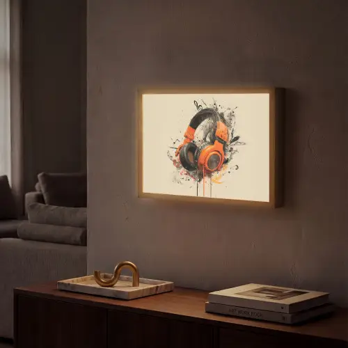 Koptelefoon - Oranje - Explosief Light Box met batterij (Wandlamp) middel -sfeer1